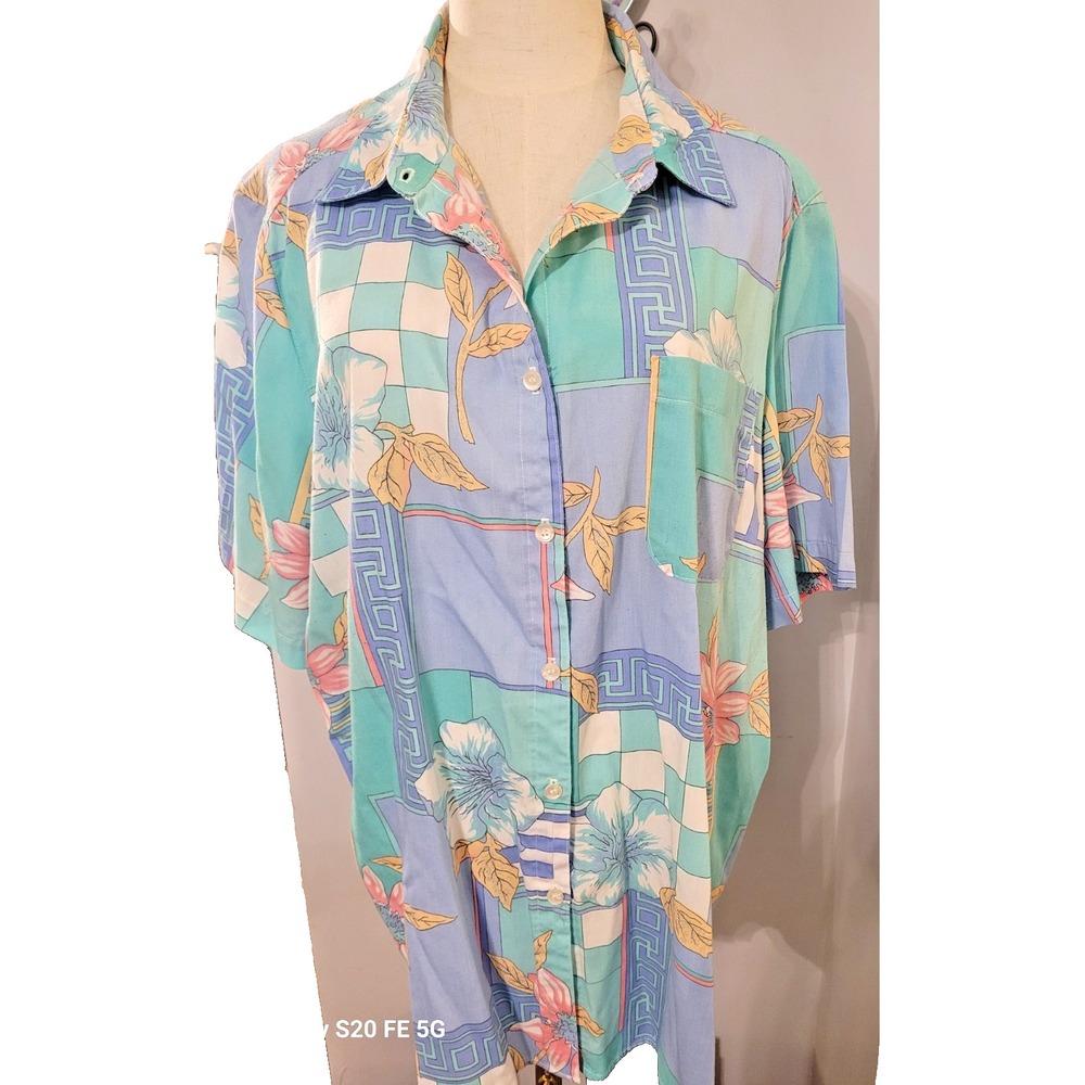 VTG Womens Alfred Dunner SZ 42 Novelty Print Floral Tropical 90's Button Up Top
